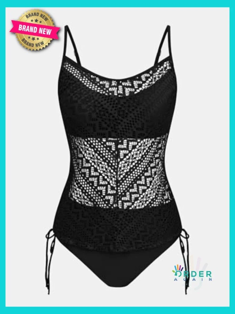 Tankini Set V Neck Mesh Two Piece Adjustable Straps Side Tie